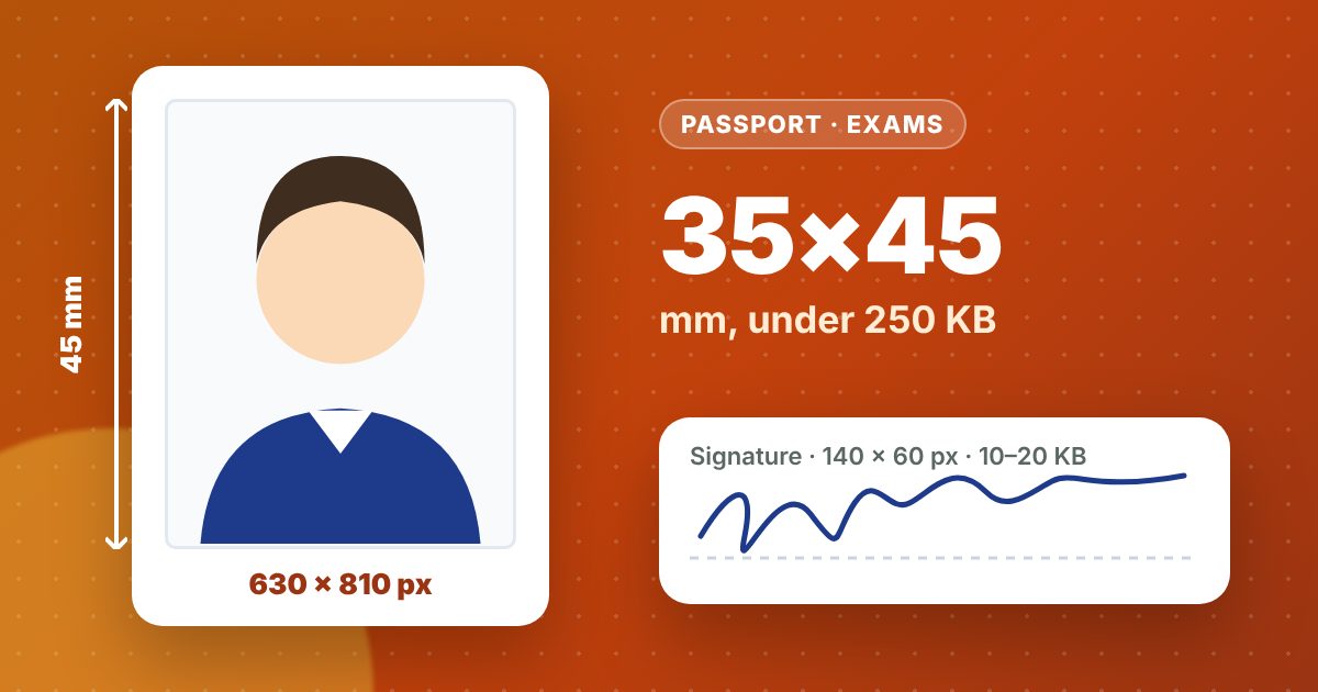 Passport photo measuring 35 × 45 mm (630 × 810 pixels) and a sample signature